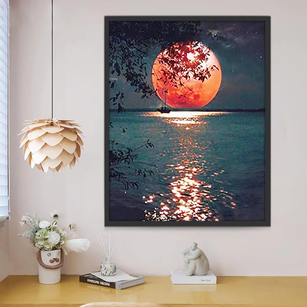 Lune Rouge et Mer Peinture par Numéros