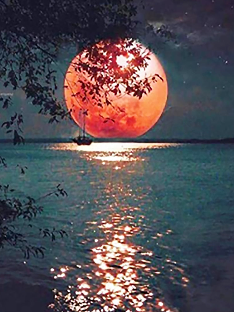 Lune Rouge et Mer Peinture par Numéros