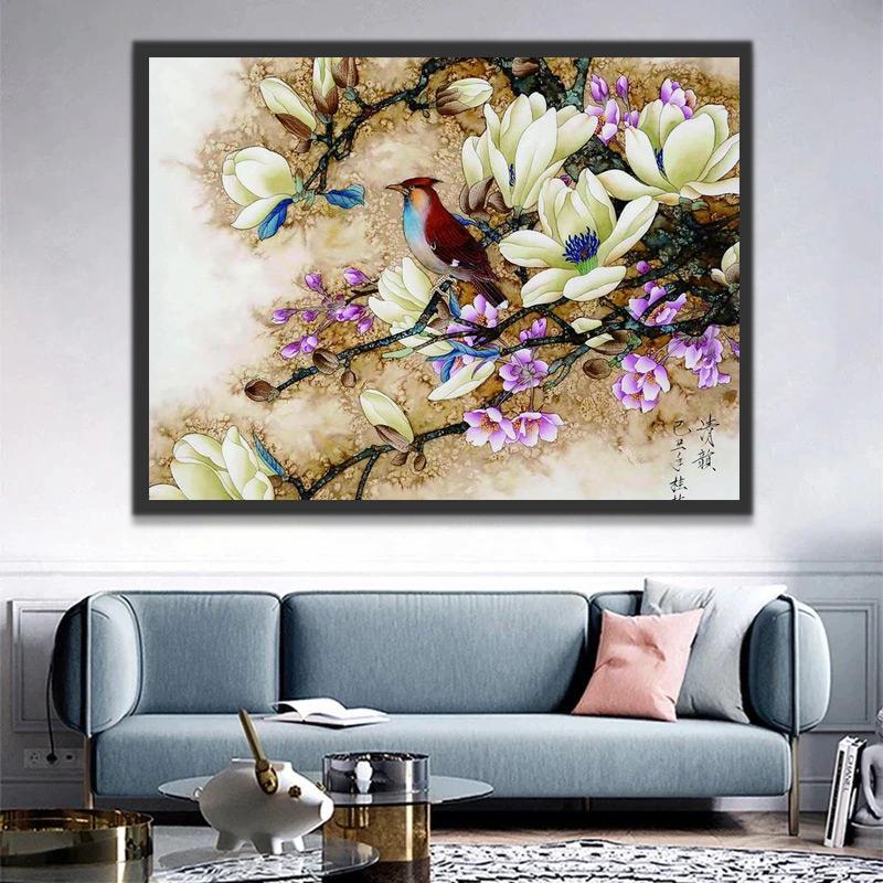 Magnolia Blanc et Oiseau Peinture par Numéros