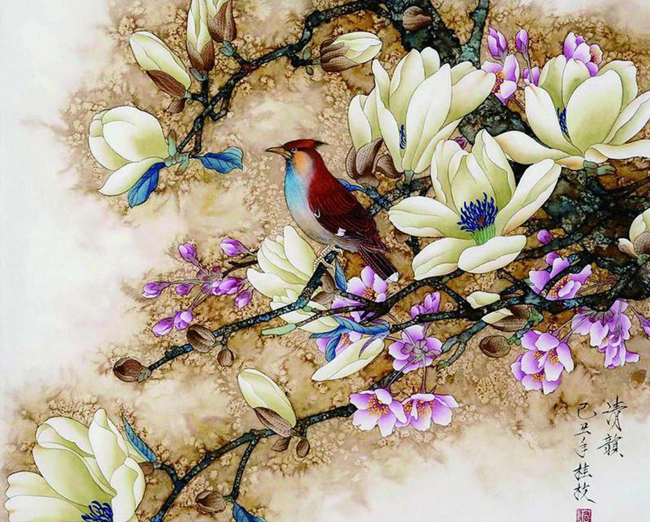 Magnolia Blanc et Oiseau Peinture par Numéros