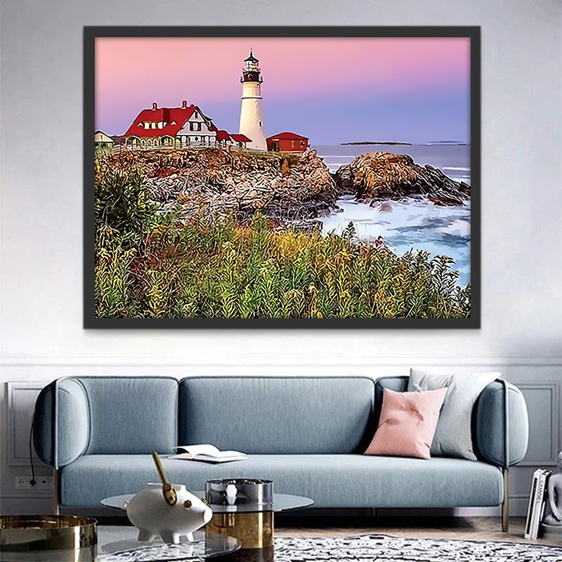 Maison avec toit Rouge et Phare Peinture par Numéros