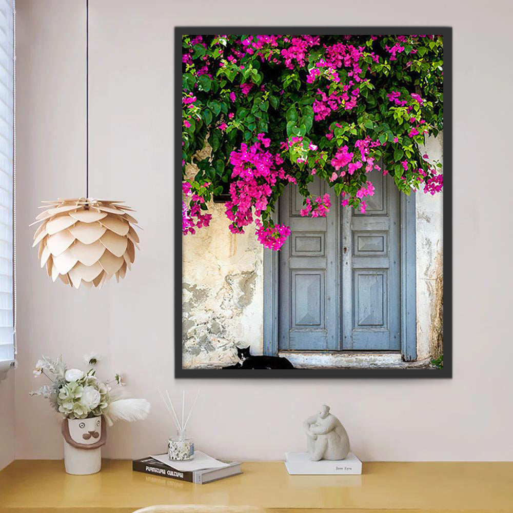 Maison de Fleurs et Chat Peinture par Numéros