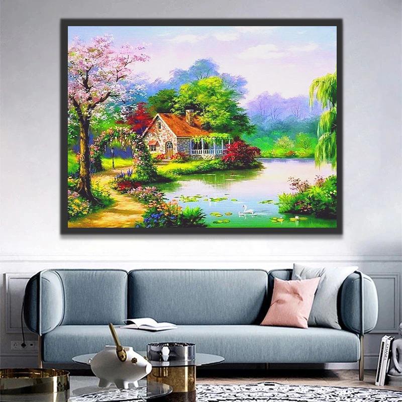 Maison et Rivière Peinture par Numéros