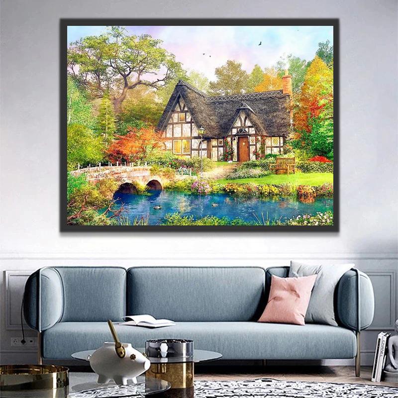 Maison et Rivière Peinture par Numéros