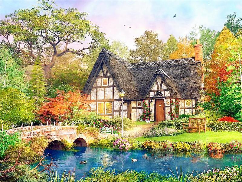 Maison et Rivière Peinture par Numéros