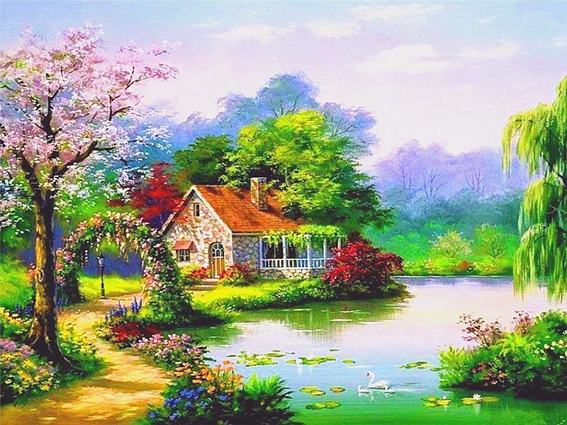 Maison et Rivière Peinture par Numéros