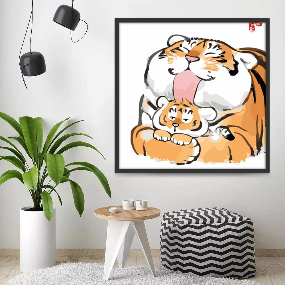 Maman Tigre Léchant son Enfant Cartoon Peinture par Numéros