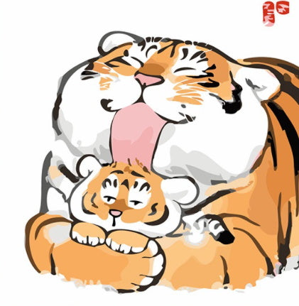 Maman Tigre Léchant son Enfant Cartoon Peinture par Numéros