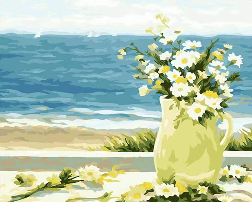 Marguerites Blanches et Jaunes sur la Plage Peinture par Numéros
