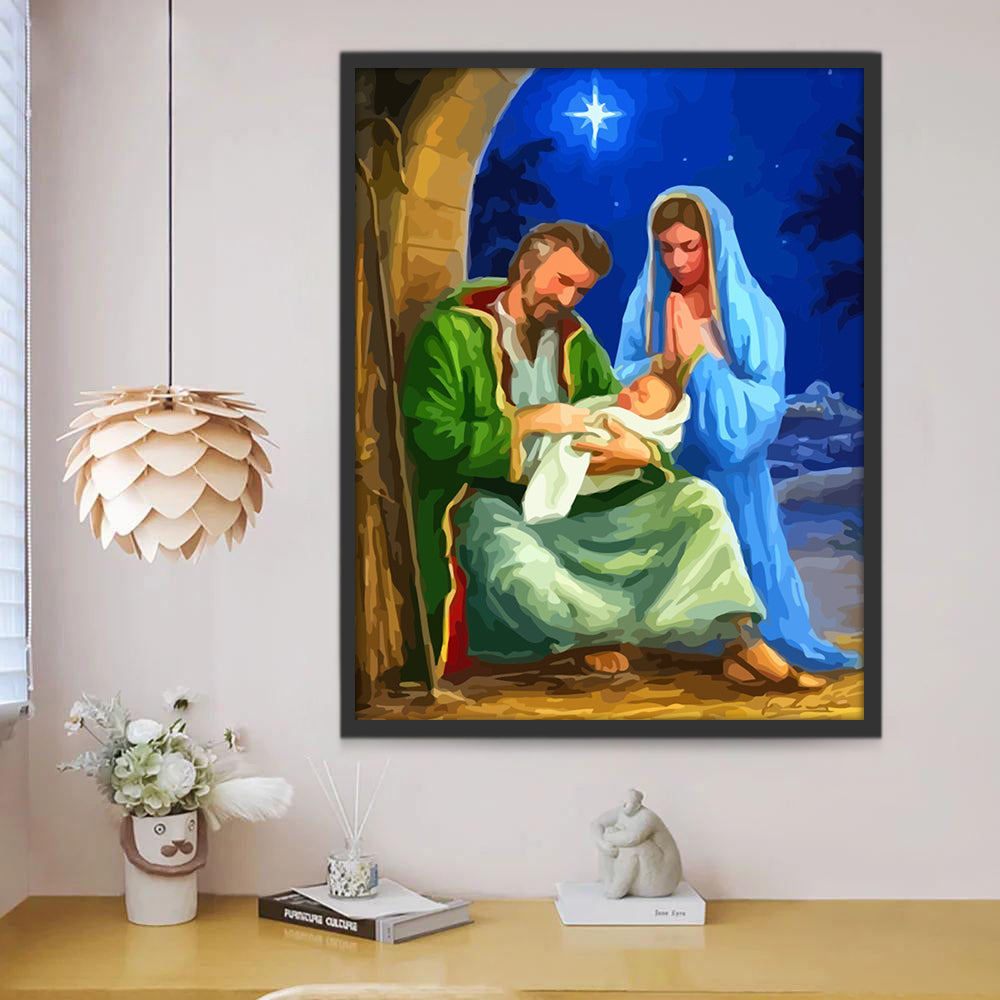 Marie, Joseph et Jésus dans une crèche Peinture par Numéros