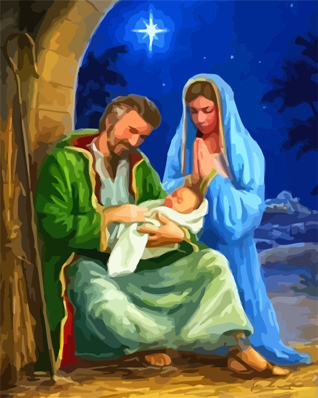 Marie, Joseph et Jésus dans une crèche Peinture par Numéros