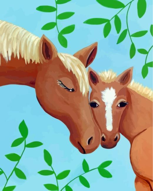 Mère Cheval et Bébé Cheval Cartoon Enfants Peinture par Numéros