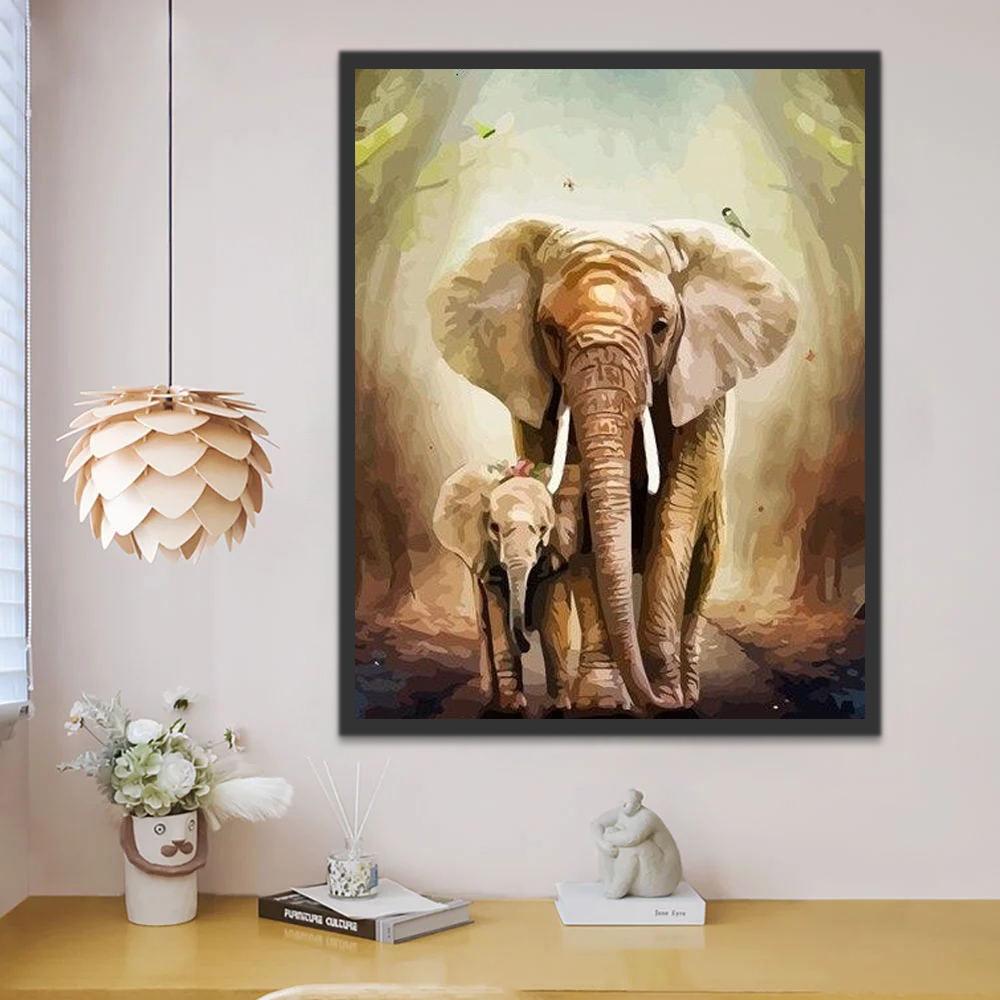Mère Éléphant et Éléphanteau Marchant Peinture par Numéros