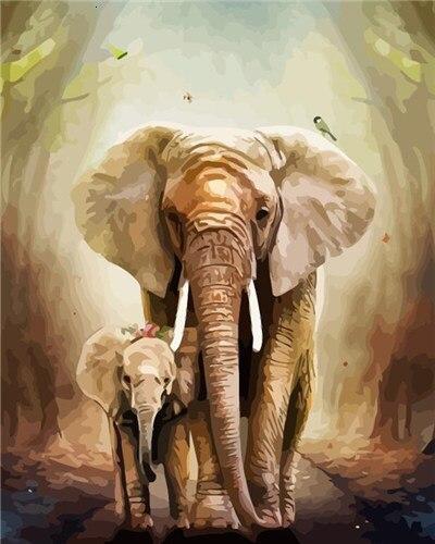 Mère Éléphant et Éléphanteau Marchant Peinture par Numéros