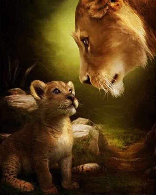 Mère Lion et Bébé Lion Peinture par Numéros