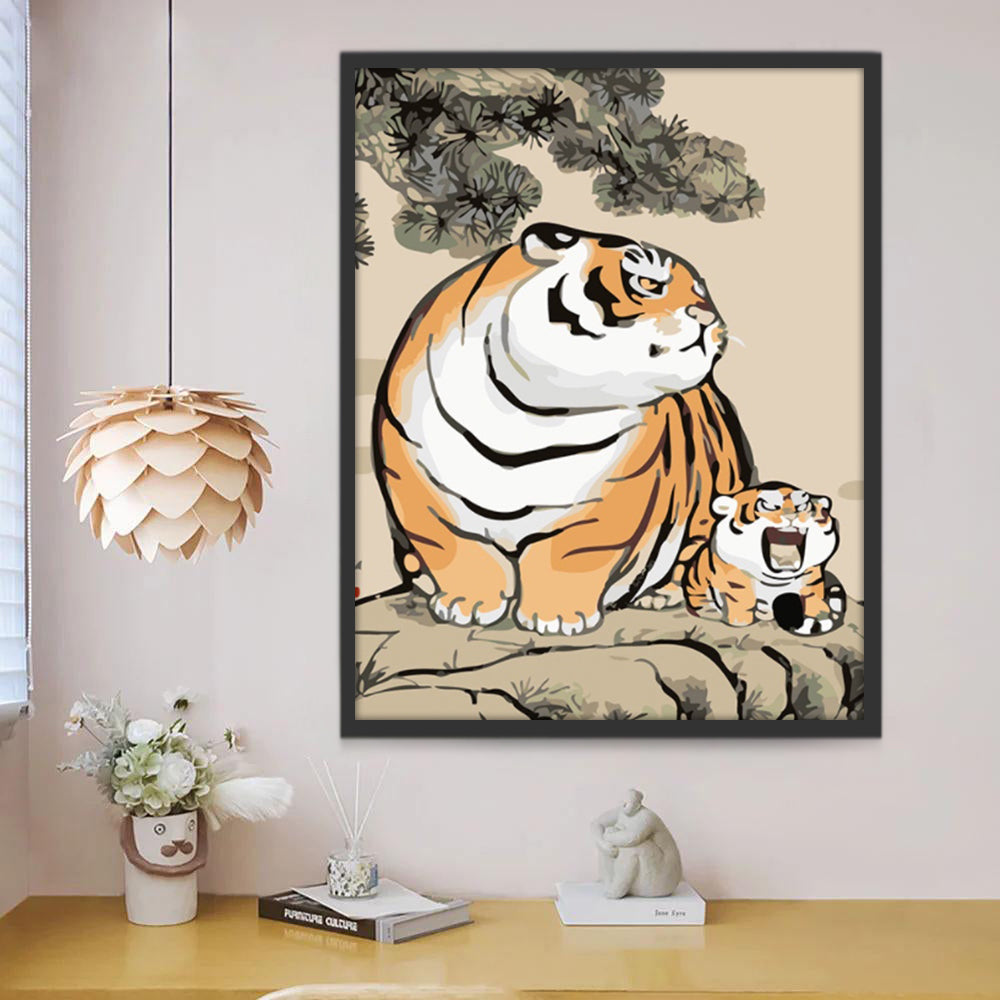 Mère Tigre et bébé tigre en Colère Cartoon Peinture par Numéros