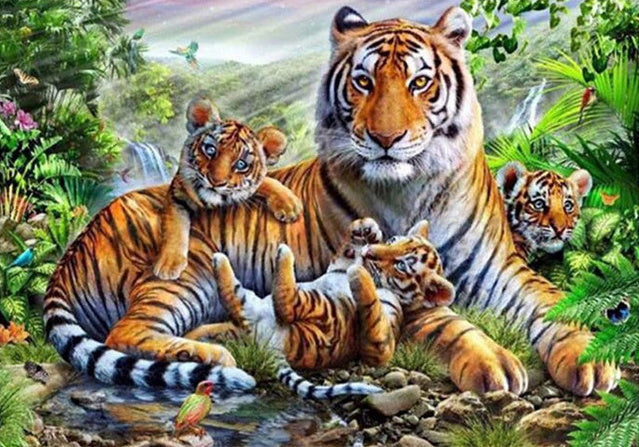 Mère Tigre et Bébés Jouant Peinture par Numéros