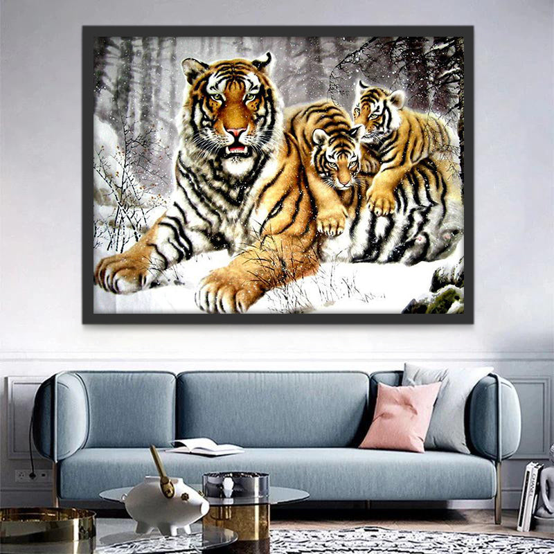 Mère Tigre et Bébés Tigres dans la Neige Peinture par Numéros