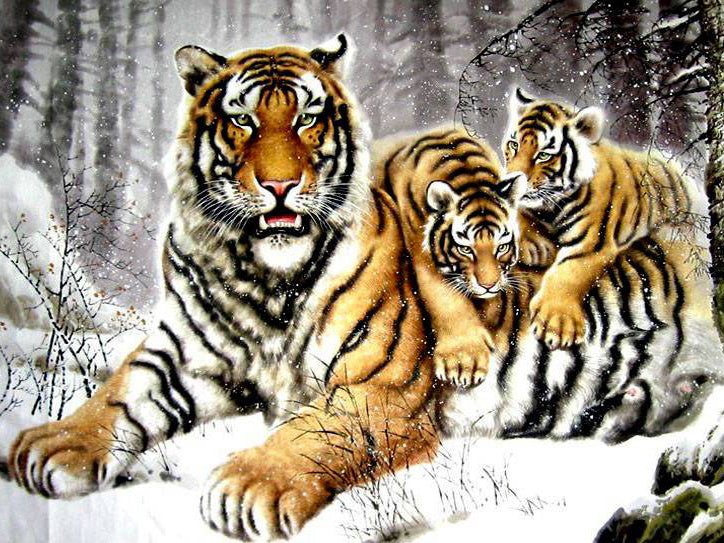 Mère Tigre et Bébés Tigres dans la Neige Peinture par Numéros