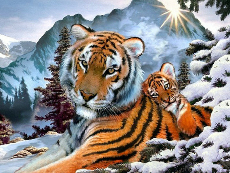 Mère Tigre et Son Bébé Peinture par Numéros