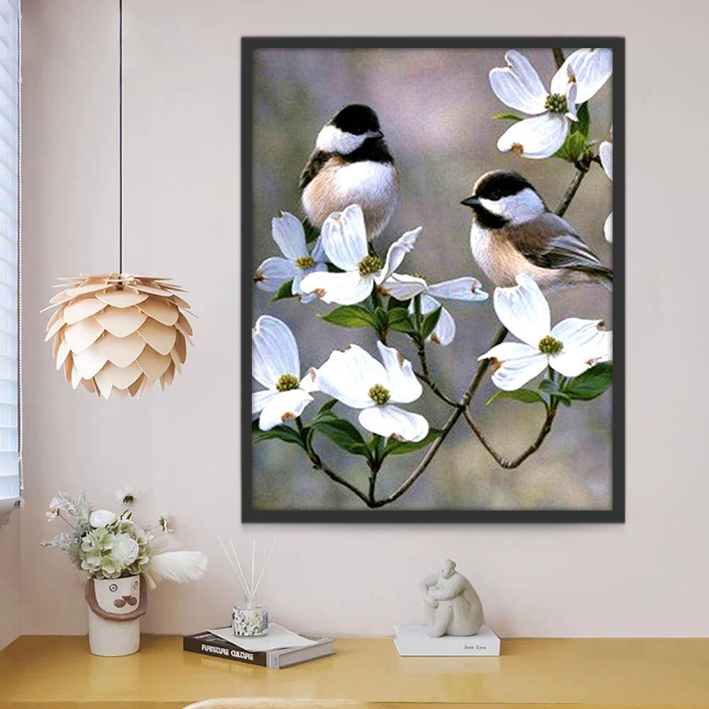 Mésanges et Fleurs Blanches Peinture par Numéros