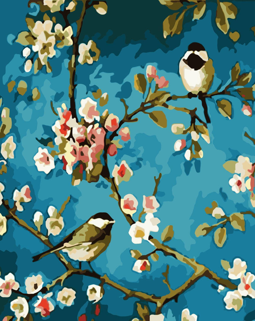 Mésanges et Fleurs de Pêches Peinture par Numéros