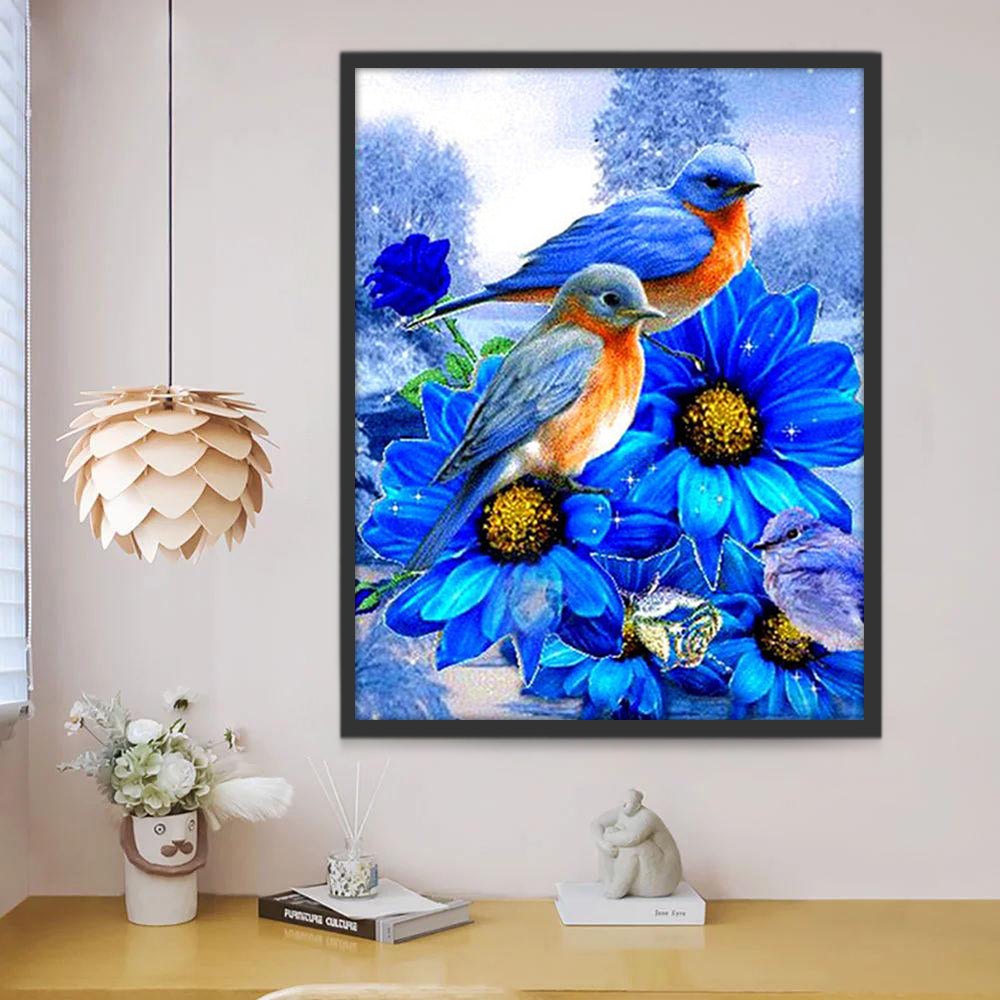 Mésanges et Marguerites Bleues Peinture par Numéros