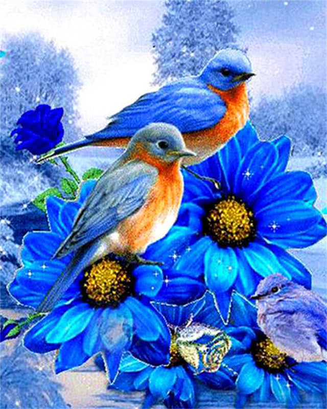 Mésanges et Marguerites Bleues Peinture par Numéros