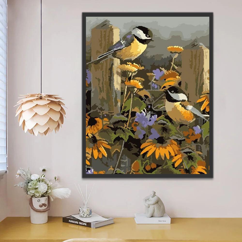 Mésanges et Marguerites Oranges Peinture par Numéros