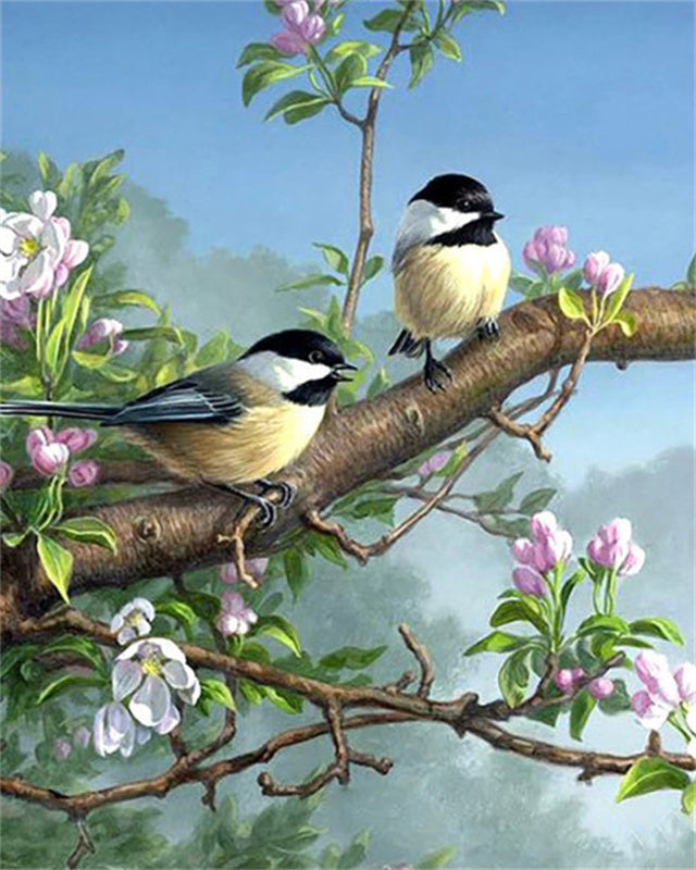Mésanges sur la Branche de Fleurs Peinture par Numéros