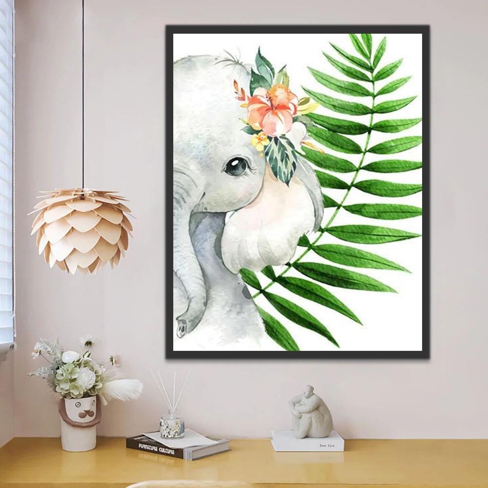 Mignon Petit Éléphanteau Gris avec des Fleurs Peinture par Numéros