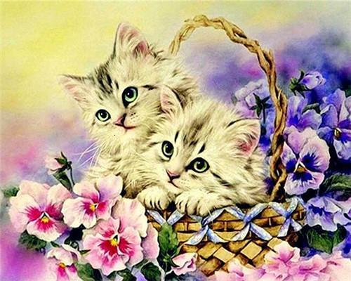 Mignons Chatons et Jolies Fleurs Peinture par Numéros