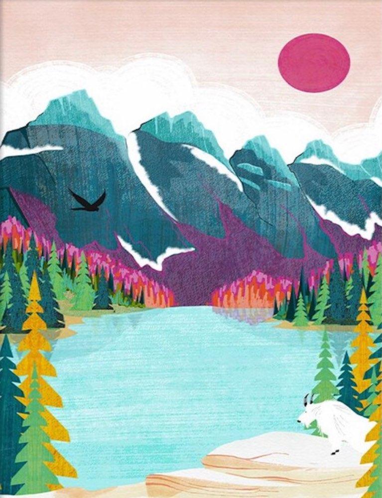 Montagne Lac et Soleil Rouge Enfants Peinture par Numéros
