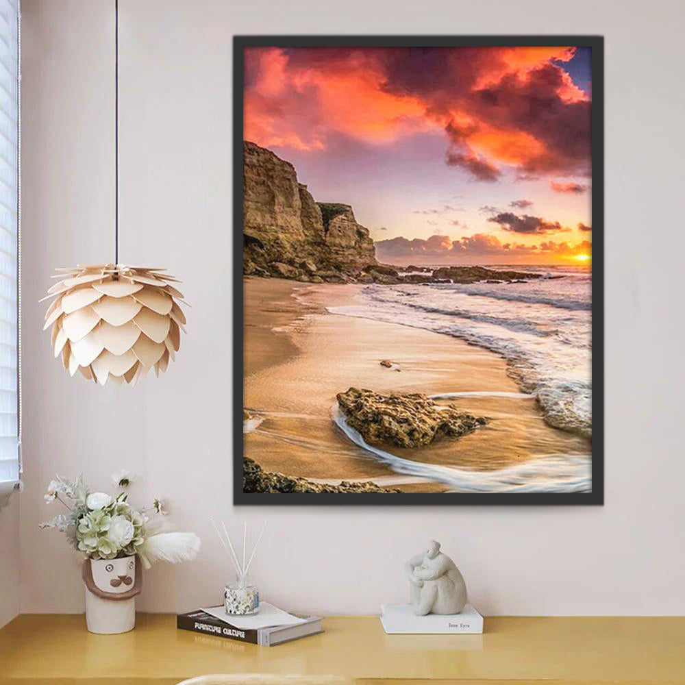 Montagne Rocheuse et Plage au Coucher du Soleil Peinture par Numéros