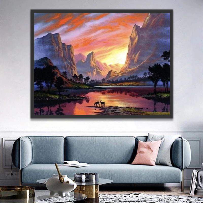 Montagnes Ruisseau et Cerfs Peinture par Numéros