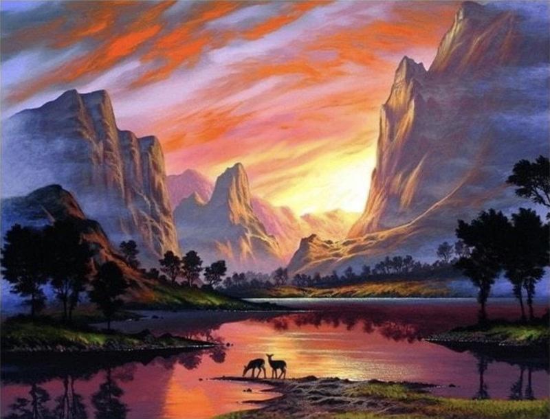 Montagnes Ruisseau et Cerfs Peinture par Numéros