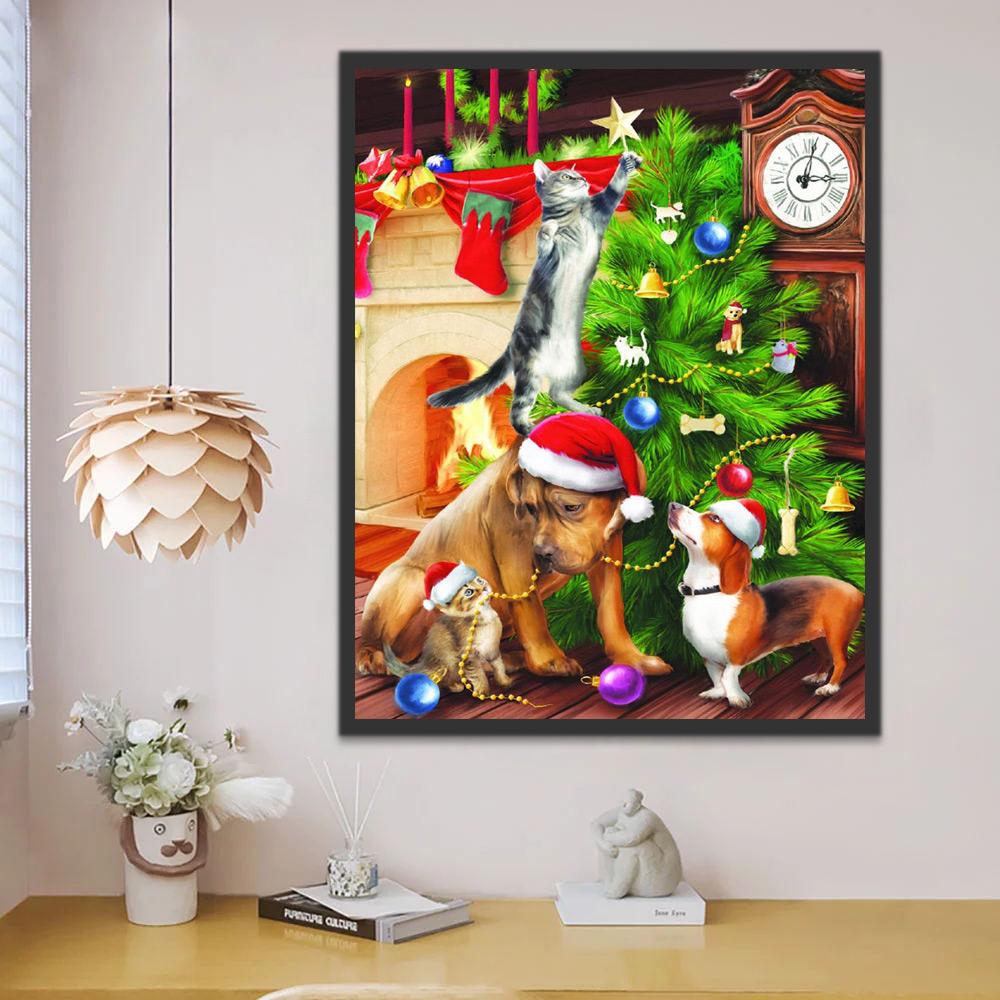 Noël Chat et Chiens Peinture par Numéros