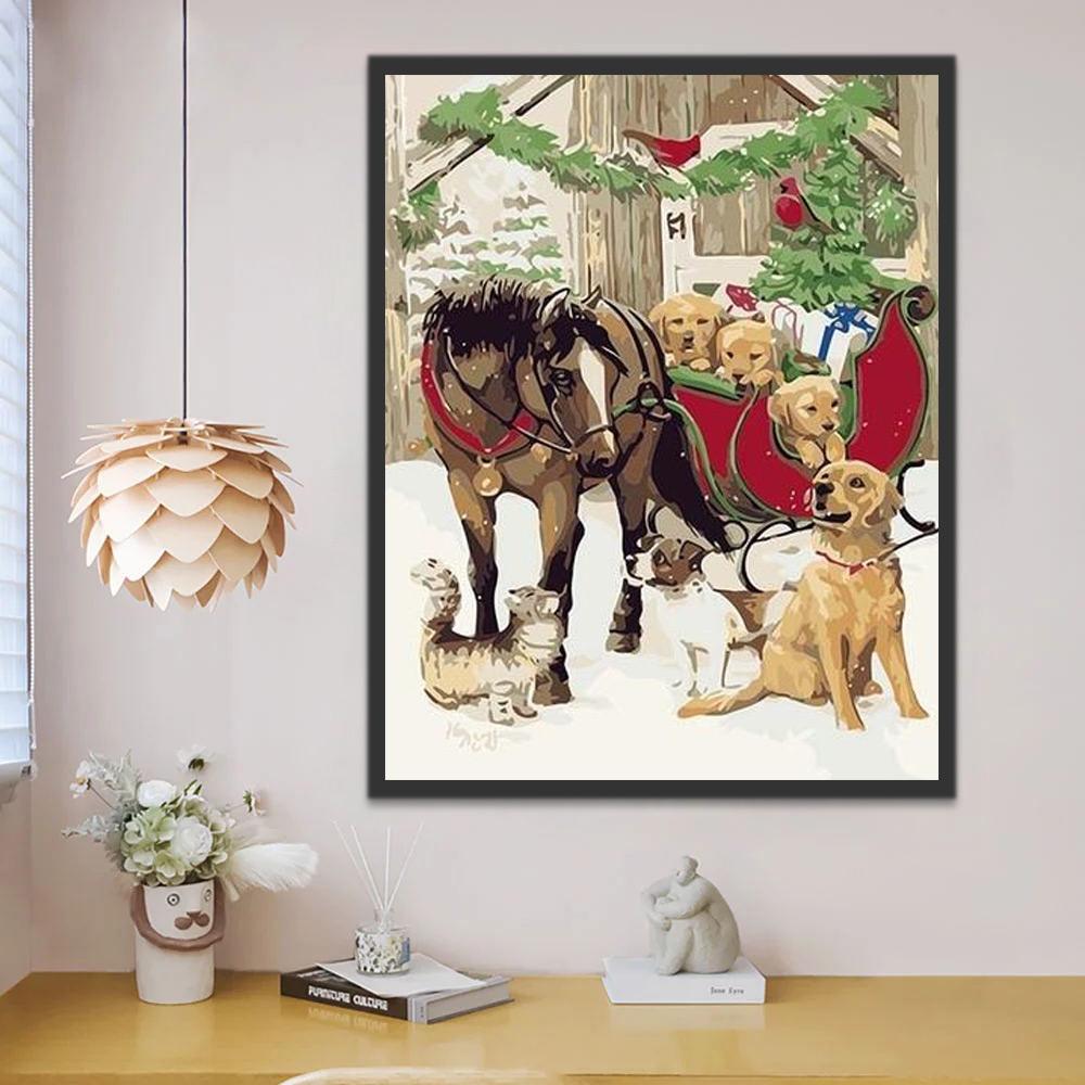 Noël Cheval et Golden Retriever Peinture par Numéros