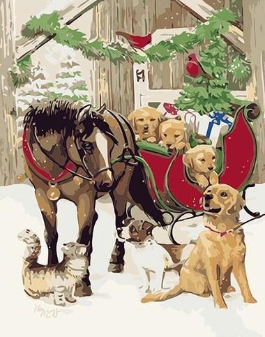Noël Cheval et Golden Retriever Peinture par Numéros