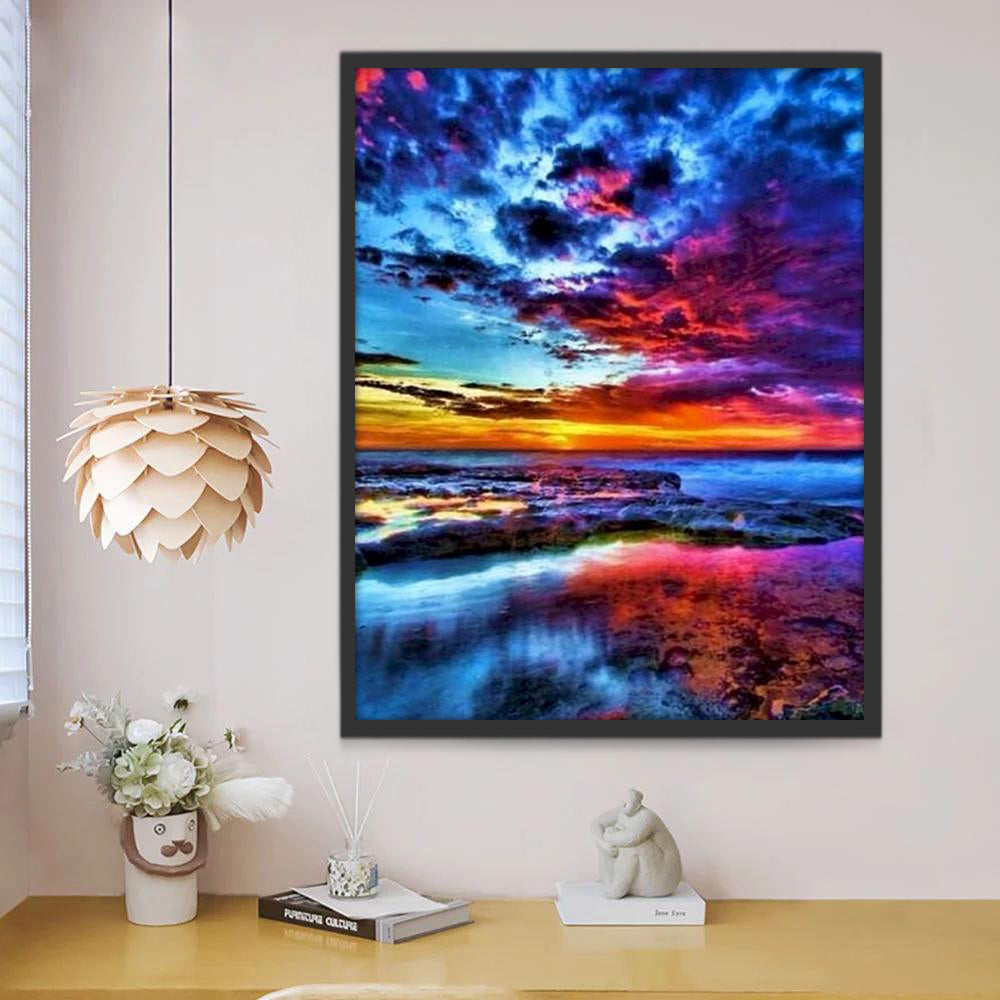 Nuage et Lac Bleues et Rouges Peinture par Numéros