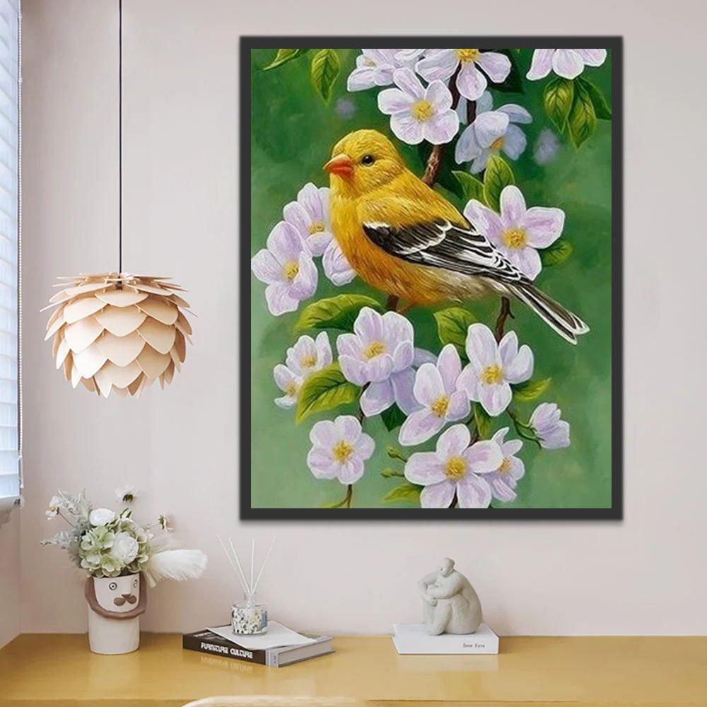 Oiseau Jaune et Fleurs Violettes Claires Peinture par Numéros