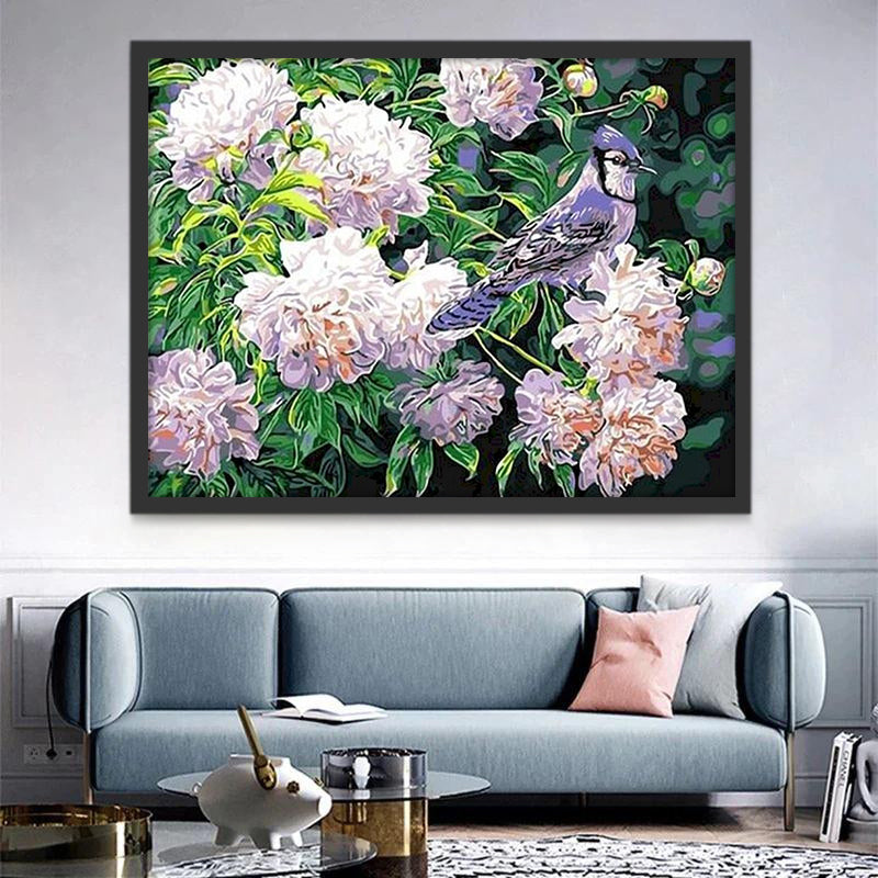 Oiseau Violet et Plantes Fleurs Peinture par Numéros