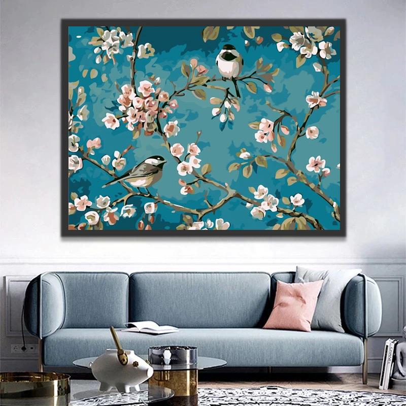 Oiseaux Bleus en Fleurs Peinture par Numéros
