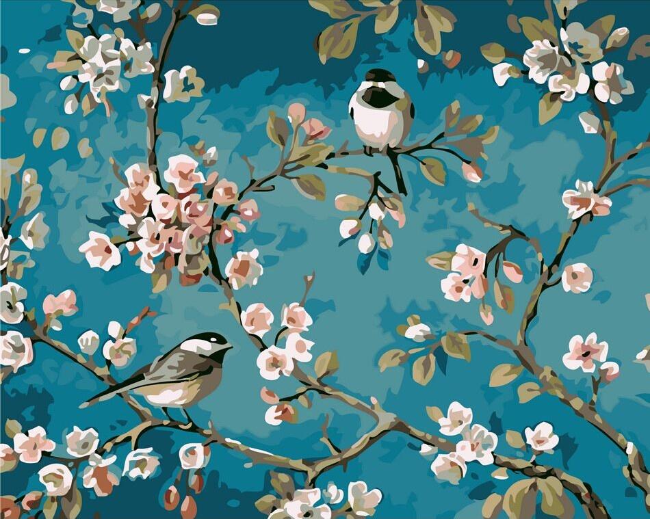 Oiseaux Bleus en Fleurs Peinture par Numéros