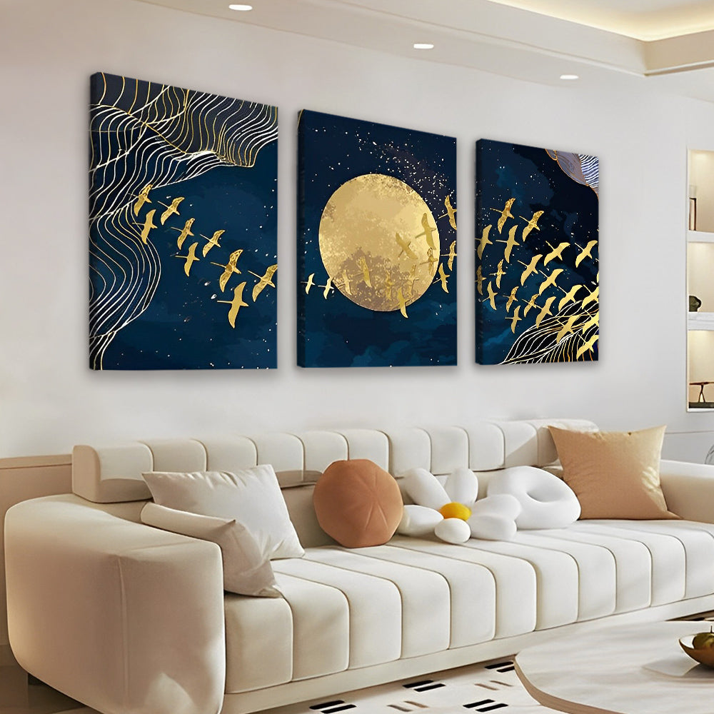 Oiseaux et Lune Dorés 3 Partie Peinture par Numéros