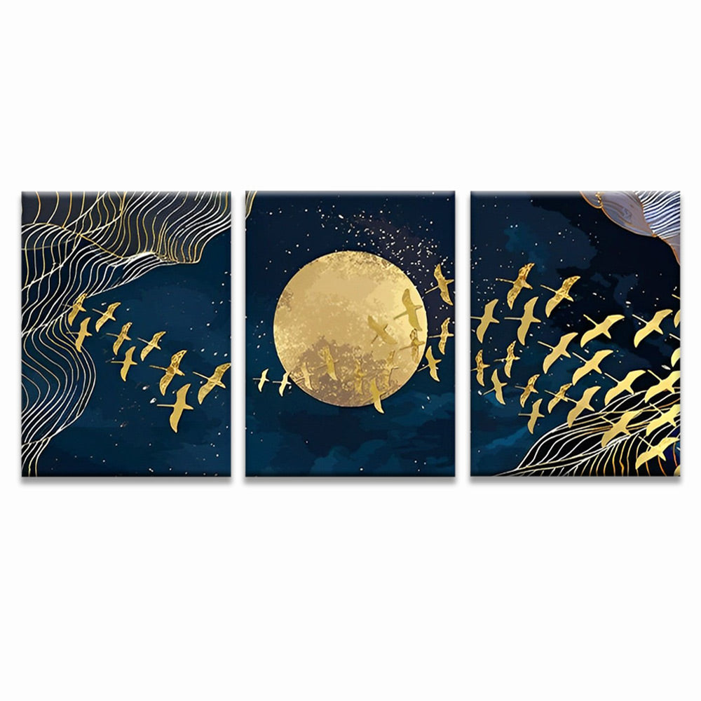 Oiseaux et Lune Dorés 3 Partie Peinture par Numéros