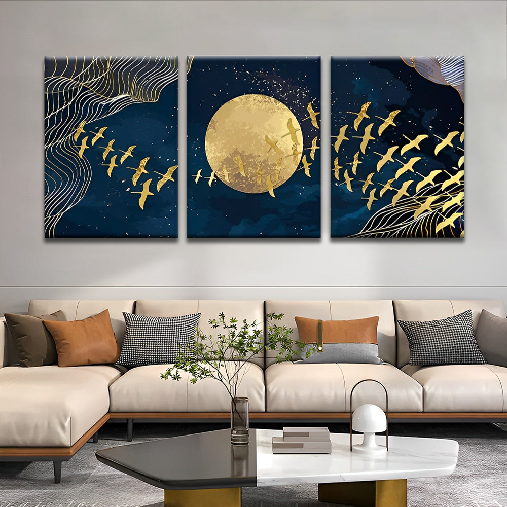 Oiseaux et Lune Dorés 3 Partie Peinture par Numéros