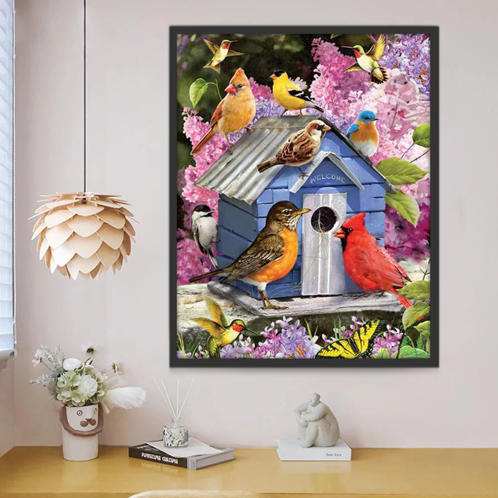 Oiseaux et Maison d'Oiseaux Bleue Peinture par Numéros
