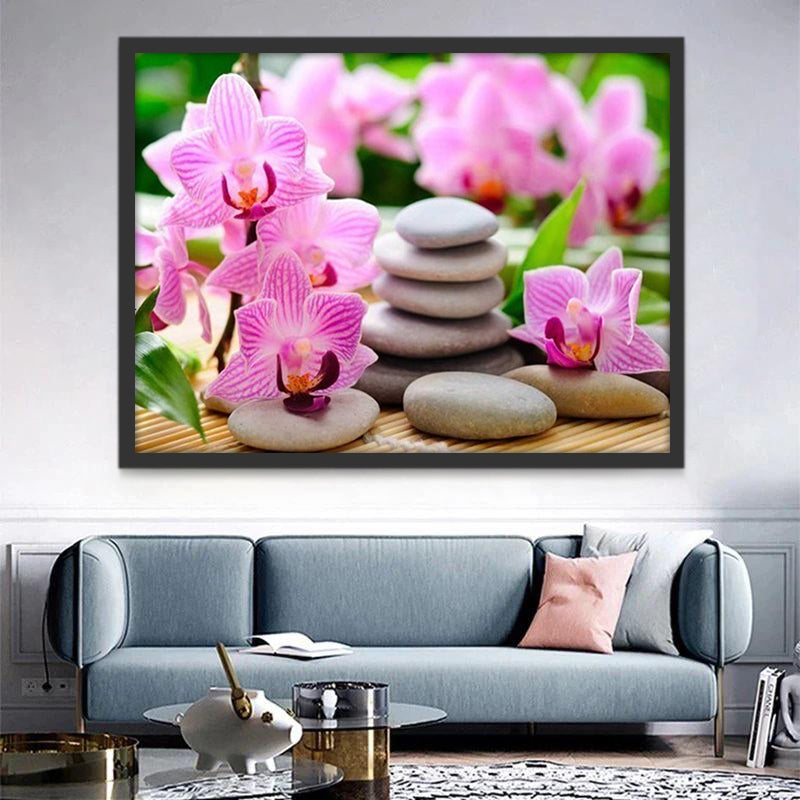 Orchidées Roses et Pierre Peinture par Numéros