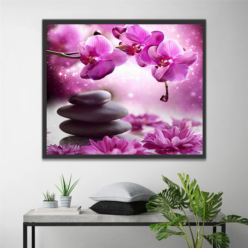Orchidées Roses et Pierres Peinture par Numéros